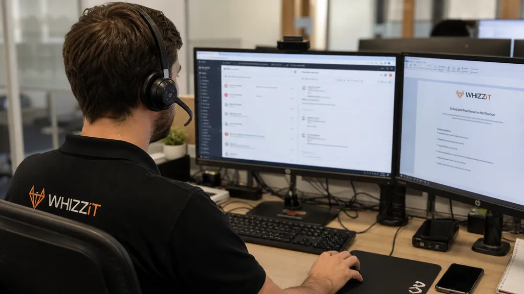 A WhizzIT IT support engineer wearing a headset working across two monitors