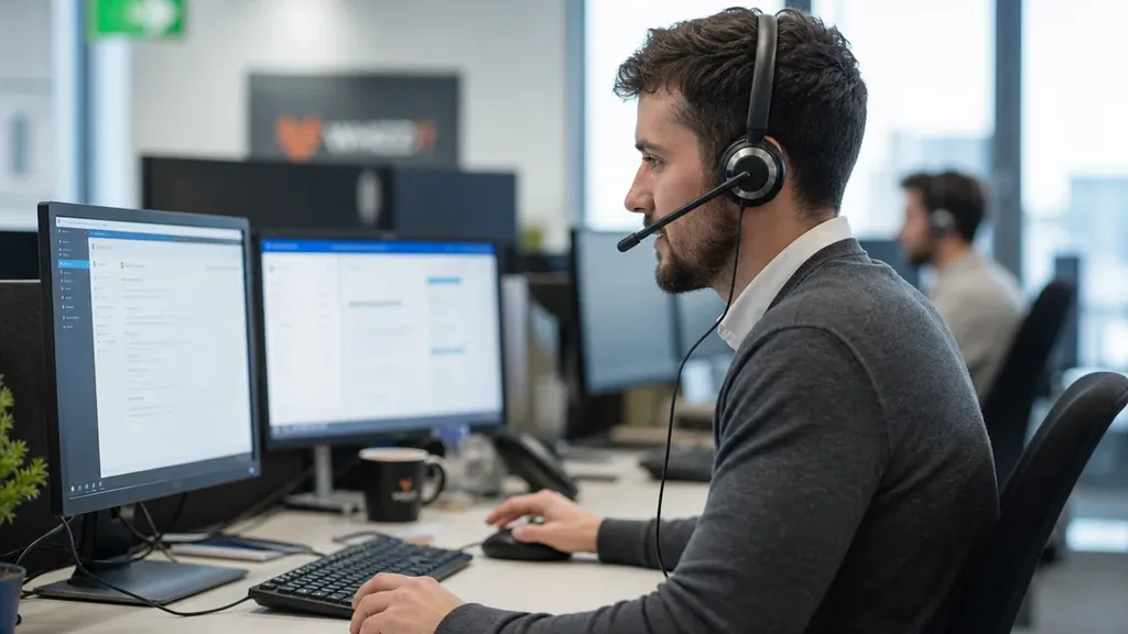 A WhizzIT service desk engineer wearing a headset at a workstation