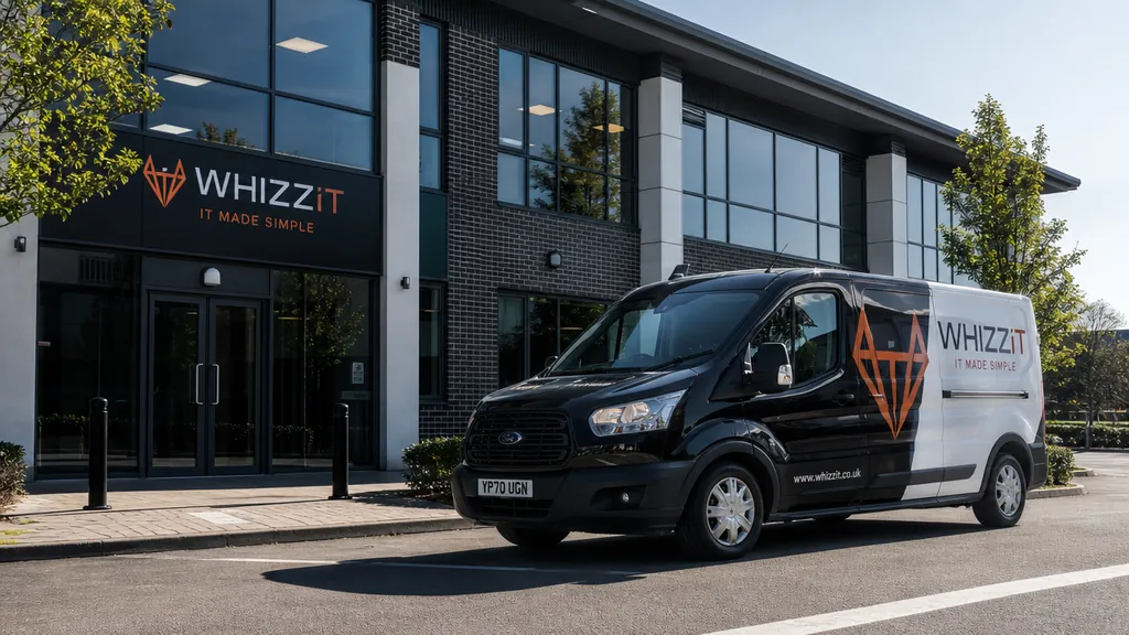 A branded WhizzIT engineer van parked outside the office