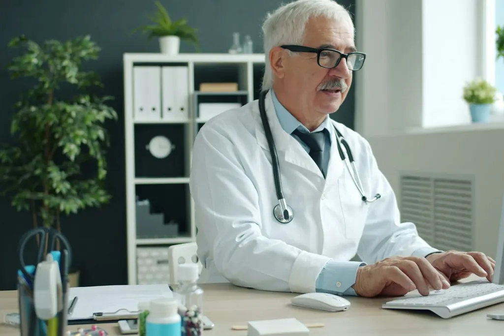 Clinician working at a computer in a consulting room