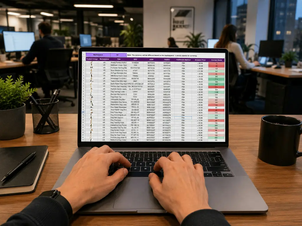Hands typing on a laptop showing a spreadsheet in a busy office