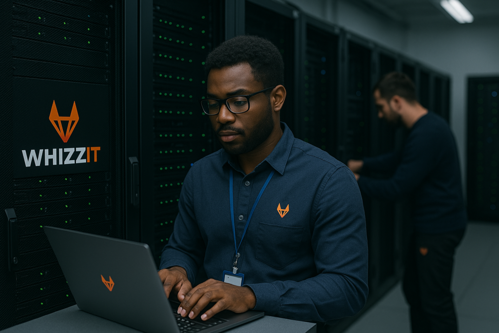 Man In server room performing Managed IT Services Provider London & Hertfordshire (MSP)