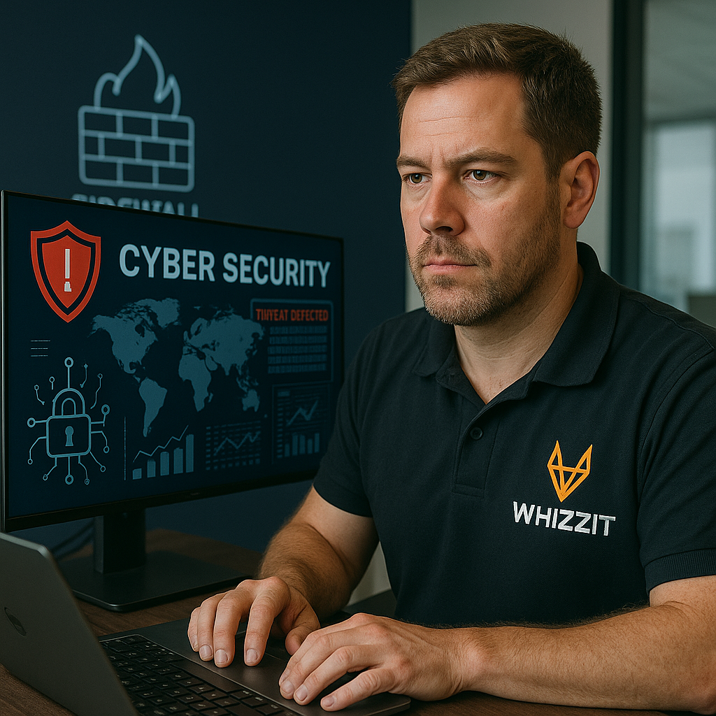 Man on a computer performing Cyber Security.