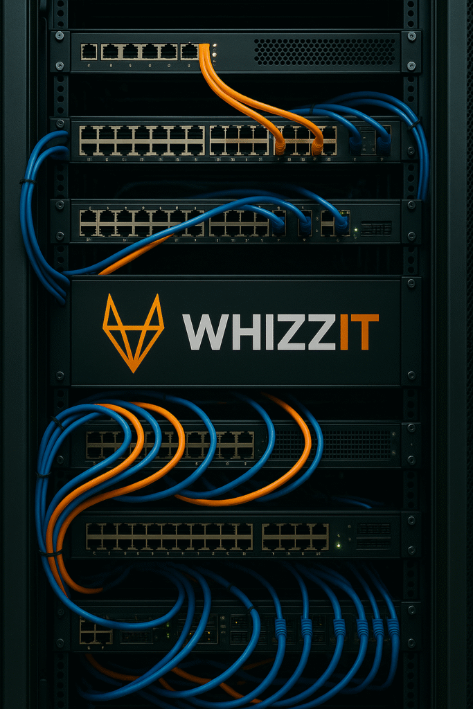 Network Management server rack with WhizzIT logo on it.