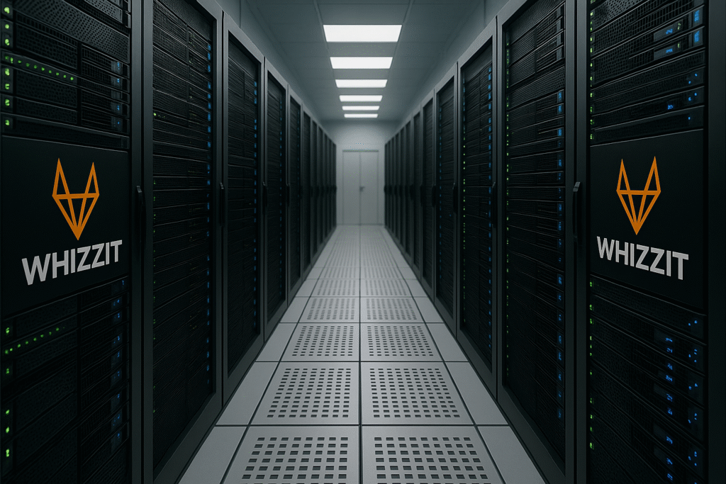 Network Management server room with WhizzIT Logos on each side.
